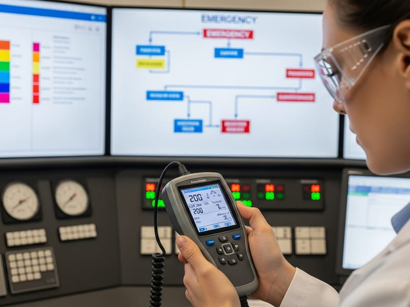 Técnico ambiental em uma área crítica da empresa, utilizando um um equipamento de análise (como um medidor de qualidade do ar). Ao fundo, um gráfico de risco ou um fluxograma de emergência sendo exibido em um painel, simbolizando a prontidão e a análise preditiva