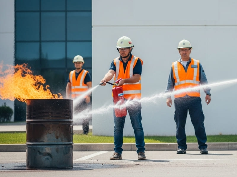 Pessoas vestindo coletes de brigadistas manuseando extintores sob supervisão