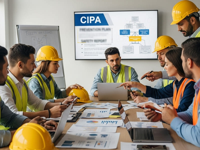 Membros da equipe (diversos perfis, com capacetes e coletes de segurança sobre a mesa) estão sentados em torno de uma mesa, discutindo um plano de segurança (CIPA)