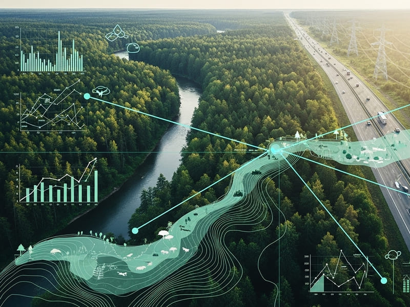 Uma imagem conceitual onde uma paisagem natural (floresta, rio) se encontra com um projeto de infraestrutura (rodovia, linha de transmissão). Uma camada gráfica transparente (mapa ou diagrama) sobreposta à imagem, simbolizando a análise e o relatório de impacto ambiental