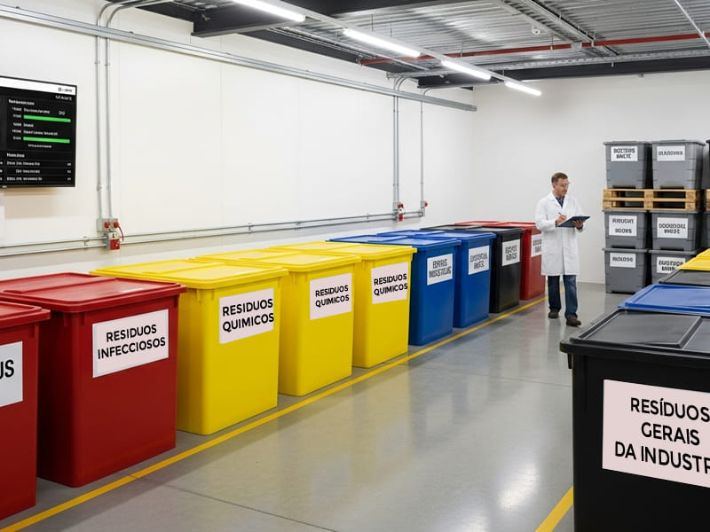 Uma área de armazenamento de resíduos industriais, extremamente limpa e organizada, com contêineres e sinalização clara (cores padrão de resíduos). Foco na segregação correta e na organização, transmitindo controle total do PGRS e PGRSS