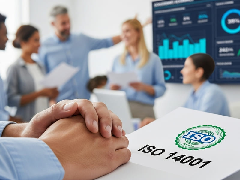 Mãos apertando-se levemente sobre um documento ou selo de certificação (ISO 14001). Ao fundo, uma equipe diversificada em um ambiente de escritório, com um painel digital mostrando métricas de sustentabilidade