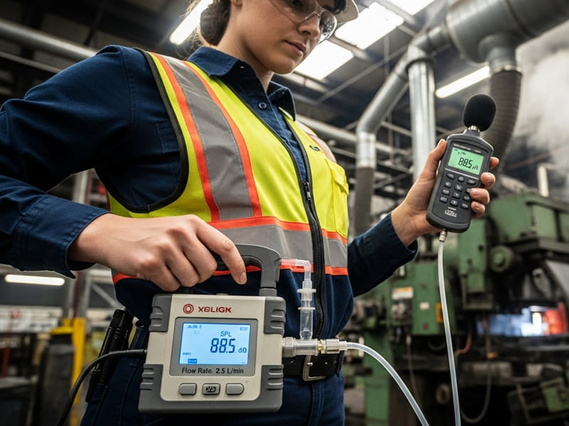 Técnica com equipamentos de medição de nível de pressão sonora em um ambiente industrial