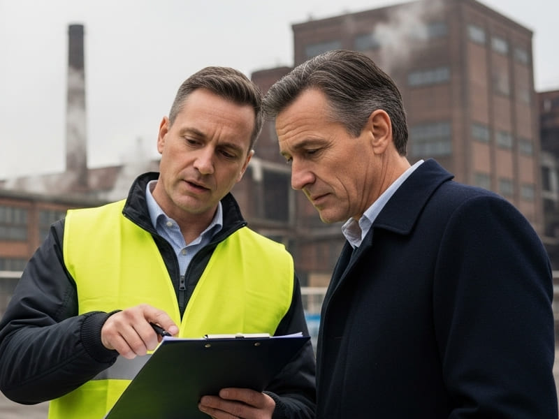 Consultor da SOLITE (com colete de identificação) em uma área externa de uma indústria, revisando documentos com o cliente.