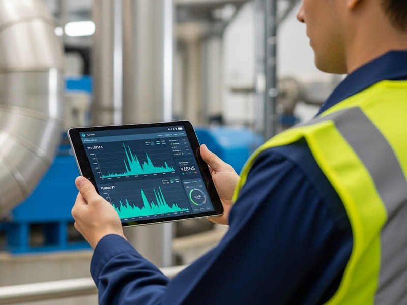 Técnico ambiental (com colete neon) está em uma área de inspeção industrial, segurando um tablet que exibe gráficos e dados em tempo real (simbolizando o Monitoramento e Controle)