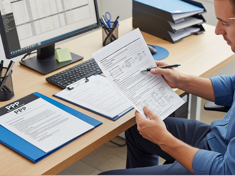 Um trabalhador em seu posto consultando uma Ordem de Serviço impressa, com foco na clareza das instruções. Em segundo plano, um documento (PPP) discretamente visível em uma pasta ou tela de computador, simbolizando registro e conformidade