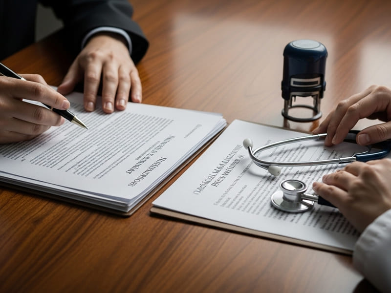 Imagem de mãos sobre uma mesa com documentos legais e um estetoscópio e carimbo de médico, representando a seriedade e o suporte especializado em processos judiciais