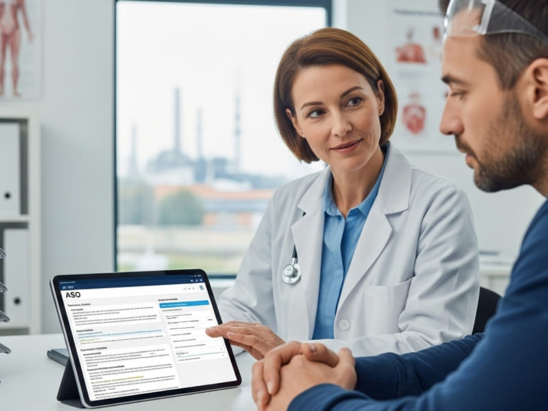 Um médico do trabalho e um funcionário, com um ASO em destaque em um tablet.