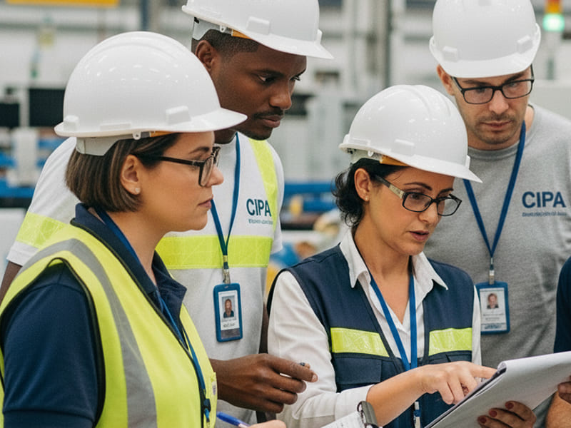 Membros da CIPA (diversos perfis, com crachás e coletes) em uma reunião in company ou em uma inspeção de segurança. Foco na discussão de um checklist ou na identificação proativa de um risco