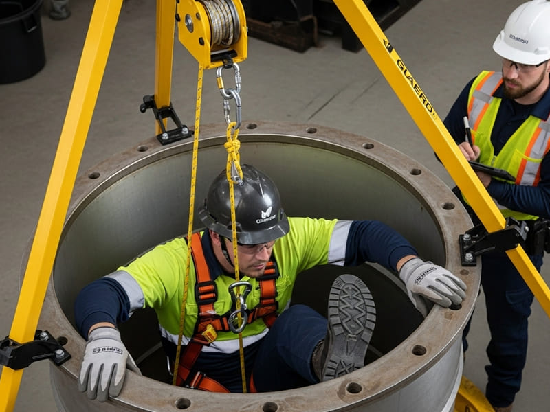 Um trabalhador autorizado está entrando no espaço, usando tripé e cinto de segurança, enquanto o instrutor (com colete de identificação) o monitora do lado de fora