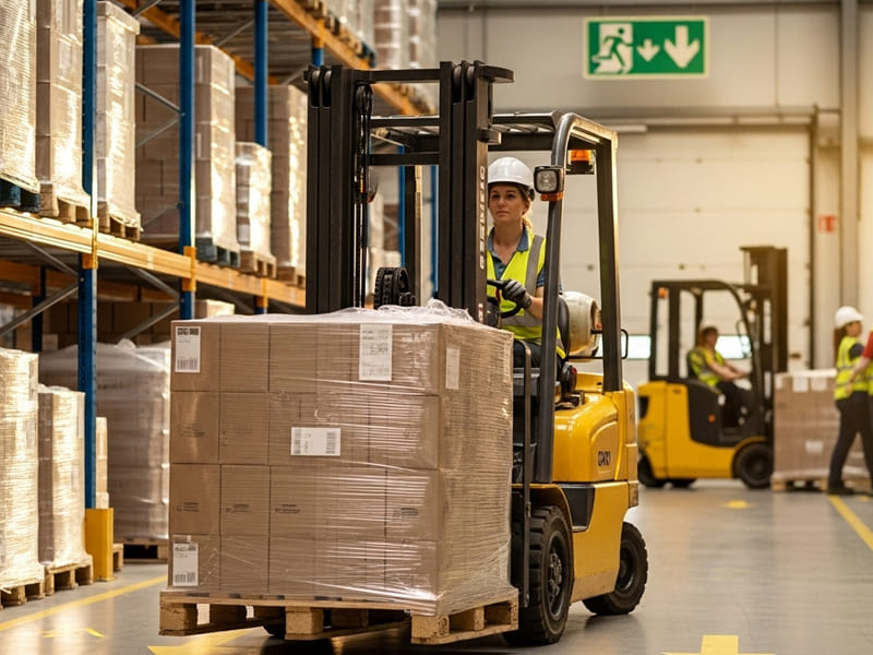 Imagem em um galpão de logística, mostrando um operador devidamente habilitado e treinado operando uma empilhadeira com segurança