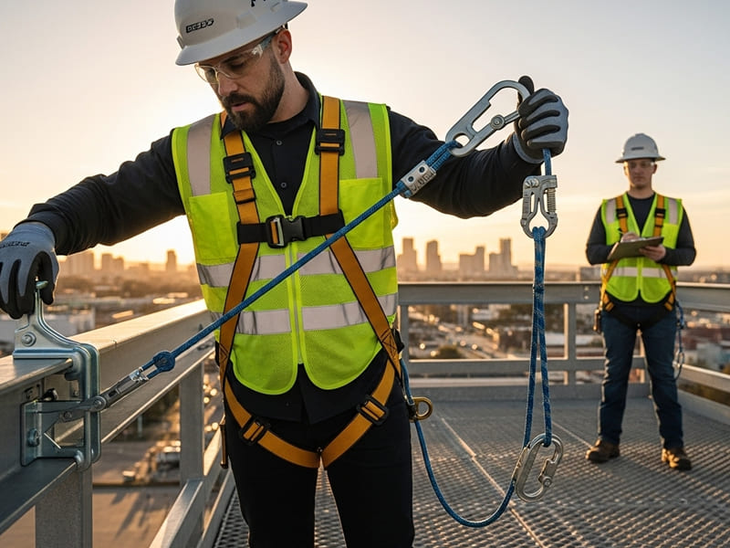 Instrutor da SOLITE (com colete e capacete) em uma estrutura elevada (plataforma de treinamento), demonstrando a correta instalação de um ponto de ancoragem e o uso do talabarte. Um aluno esta observando atentamente, com EPIs de altura.