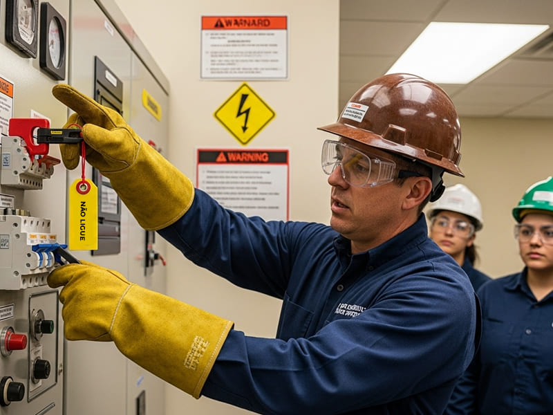 Instrutor da SOLITE apontando para um painel elétrico ou subestação simulada (em ambiente de treinamento), usando luvas isolantes, capacete e óculos. O foco é em um procedimento de Bloqueio e Etiquetagem (LOTO), com os alunos ao fundo observando o processo