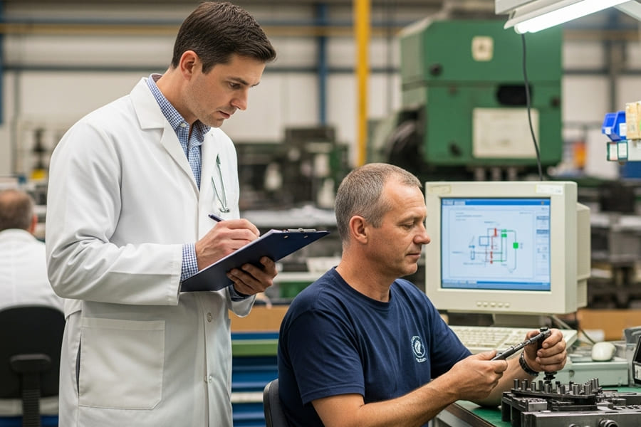 Uma imagem de um médico em um ambiente de fábrica, avaliando o posto de trabalho de um funcionário