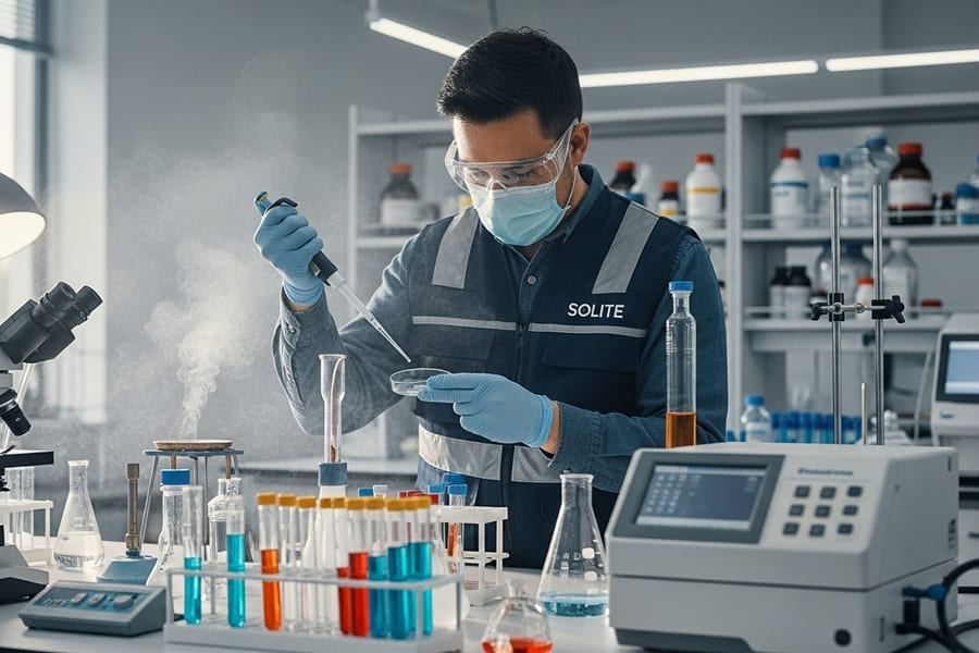 Um técnico da SOLITE (com colete e equipamentos epis) fazendo análise de agentes químicos/físicos/biológicos