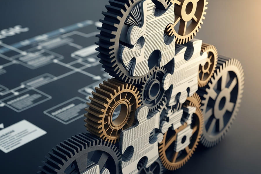 Uma imagem conceitual de engrenagens e peças de quebra-cabeça se encaixando