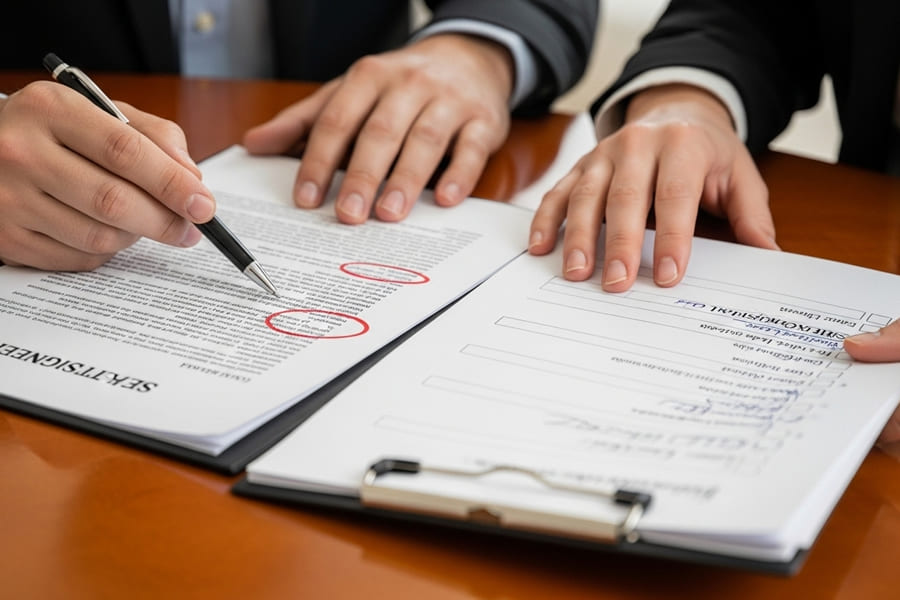 Close-up de um documento judicial sendo analisado por um Engenheiro de Segurança e um Advogado