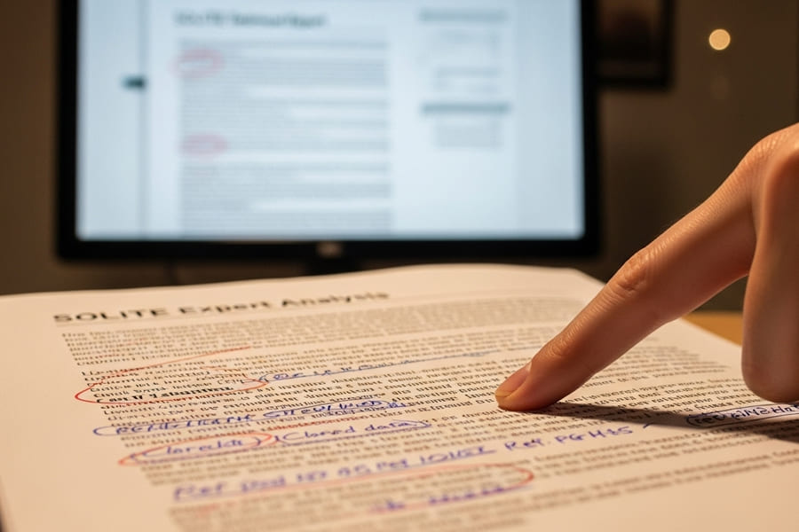 Uma mão apontando para um trecho de um laudo pericial impresso, com anotações e marcações de revisão